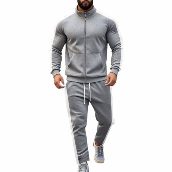 Autumn And Winter Two-piece Set Contrast Color Stand-up Collar Casual Sports Jacket Sweater Men's Suit - Image 2
