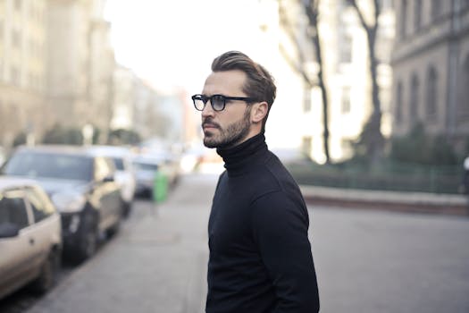 A fashionable man in a black top and glasses poses in an urban street with parked cars.